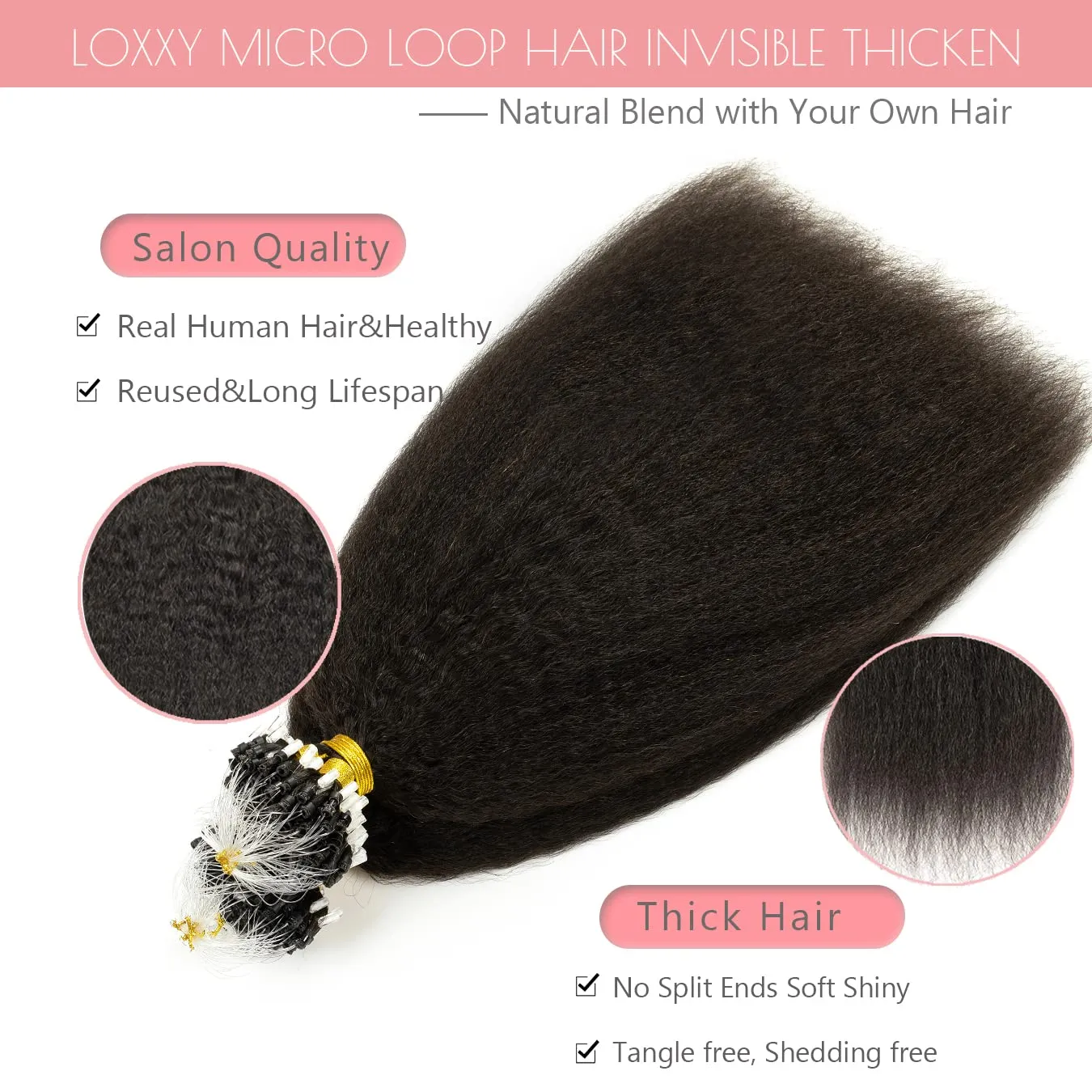 Micro Loop Hair Extensions Real Human Hair Kinky Straight Micro Rings Hair Coarse Straight Micro Links Human Hair for Black Women Invisible Natural Black Color 14inch 40 Grams 50 Stands