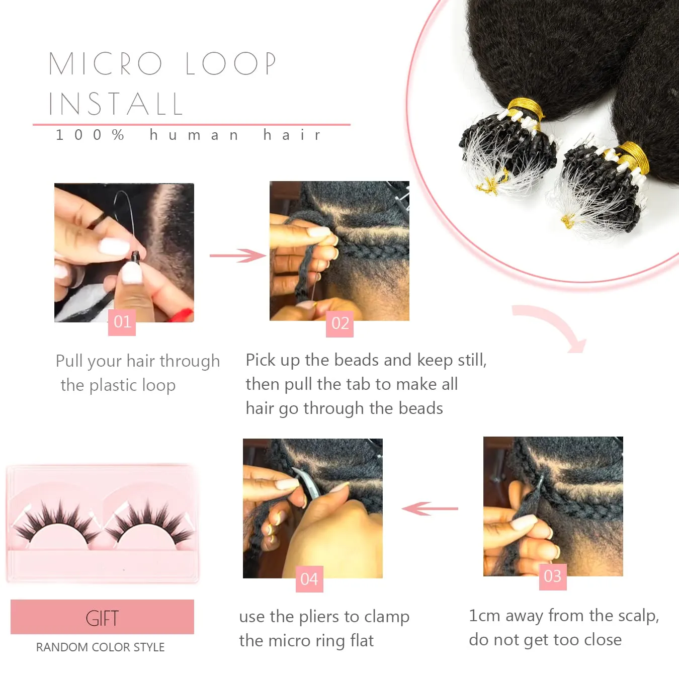 Micro Loop Hair Extensions Real Human Hair Kinky Straight Micro Rings Hair Coarse Straight Micro Links Human Hair for Black Women Invisible Natural Black Color 14inch 40 Grams 50 Stands