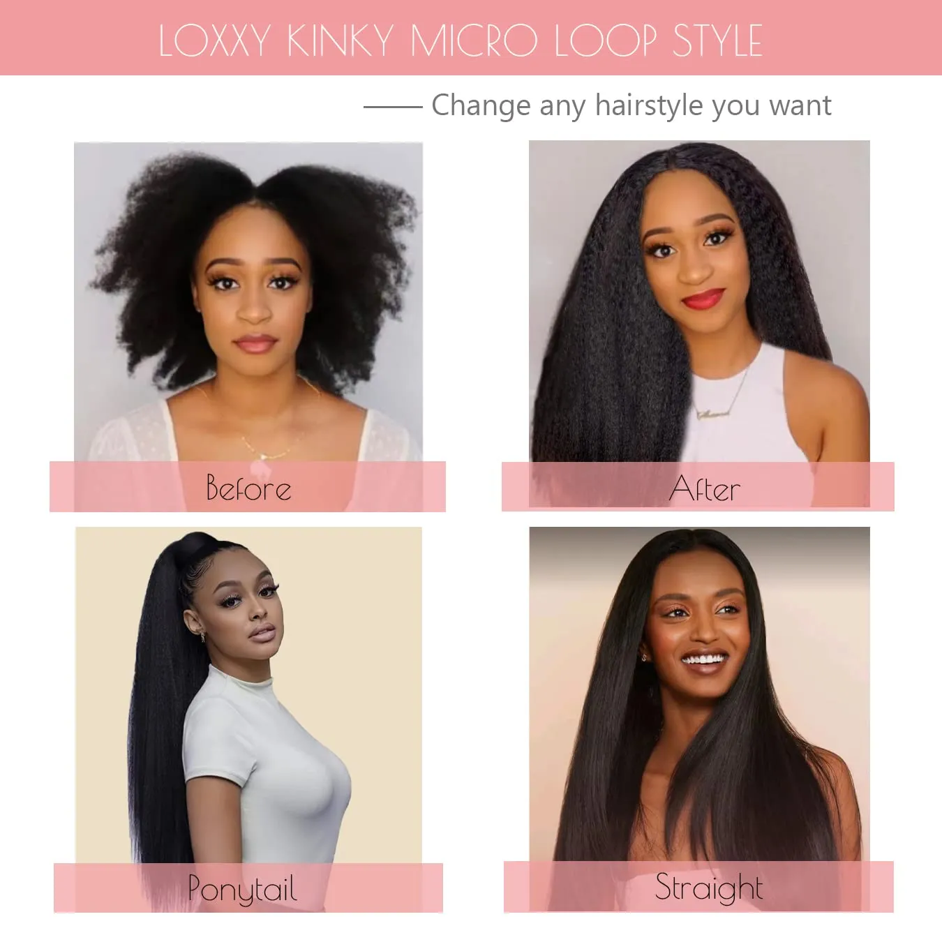 Micro Loop Hair Extensions Real Human Hair Kinky Straight Micro Rings Hair Coarse Straight Micro Links Human Hair for Black Women Invisible Natural Black Color 14inch 40 Grams 50 Stands