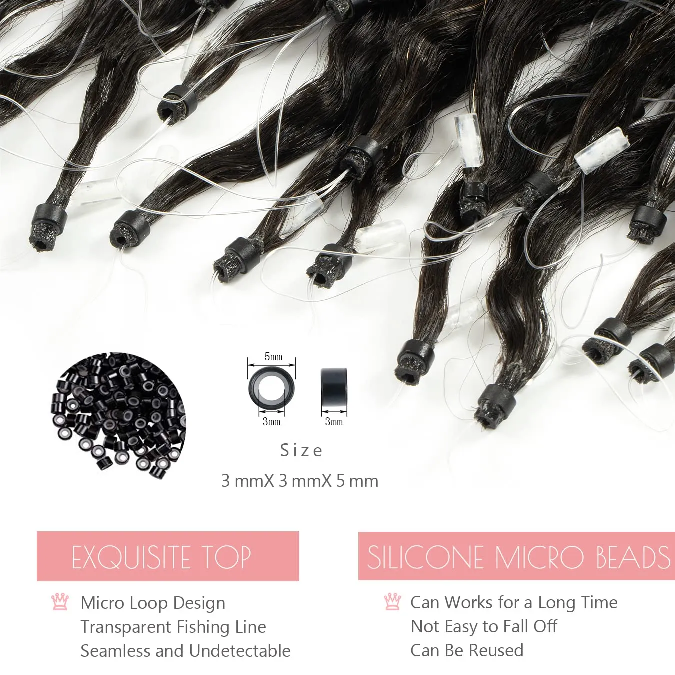 Micro Loop Hair Extensions Real Human Hair Kinky Straight Micro Rings Hair Coarse Straight Micro Links Human Hair for Black Women Invisible Natural Black Color 14inch 40 Grams 50 Stands