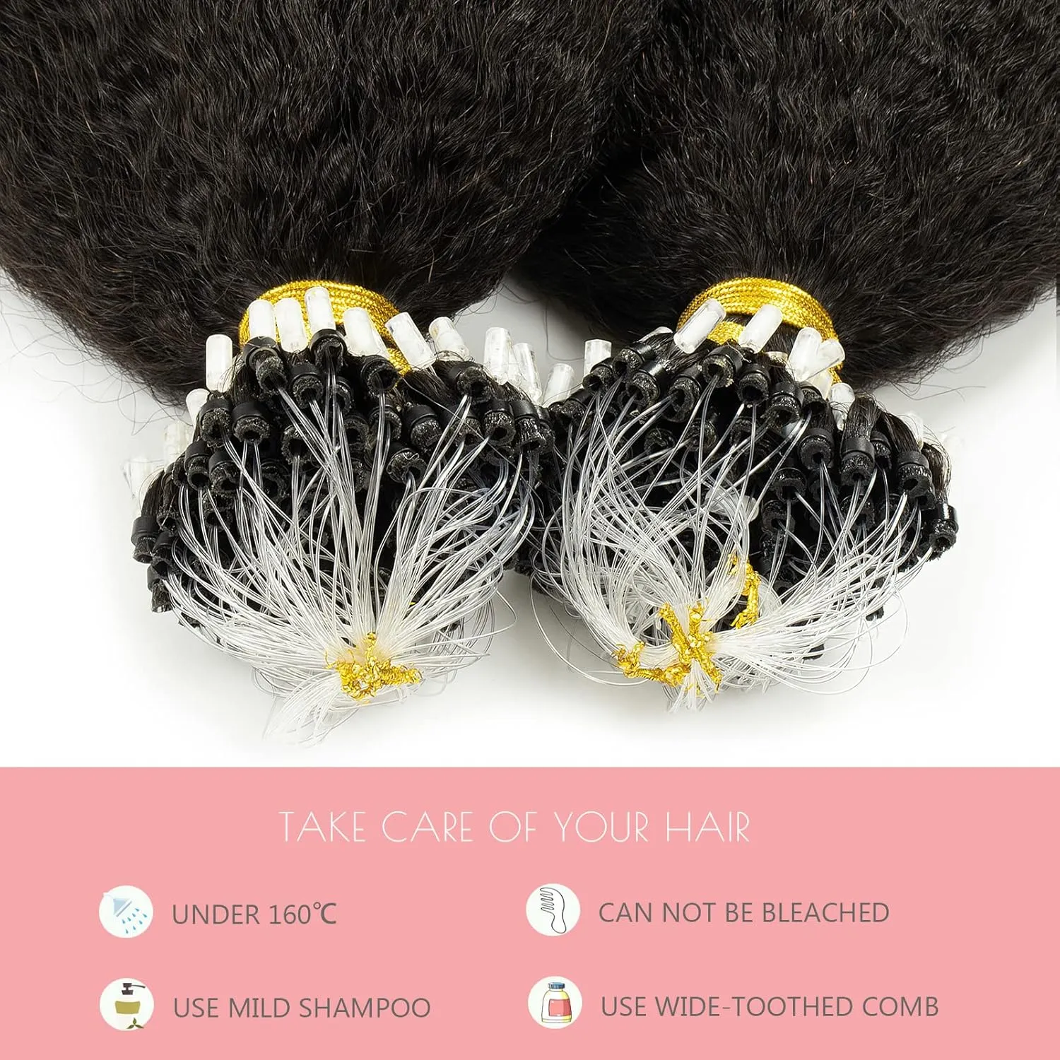 Micro Loop Hair Extensions Real Human Hair Kinky Straight Micro Rings Hair Coarse Straight Micro Links Human Hair for Black Women Invisible Natural Black Color 14inch 40 Grams 50 Stands