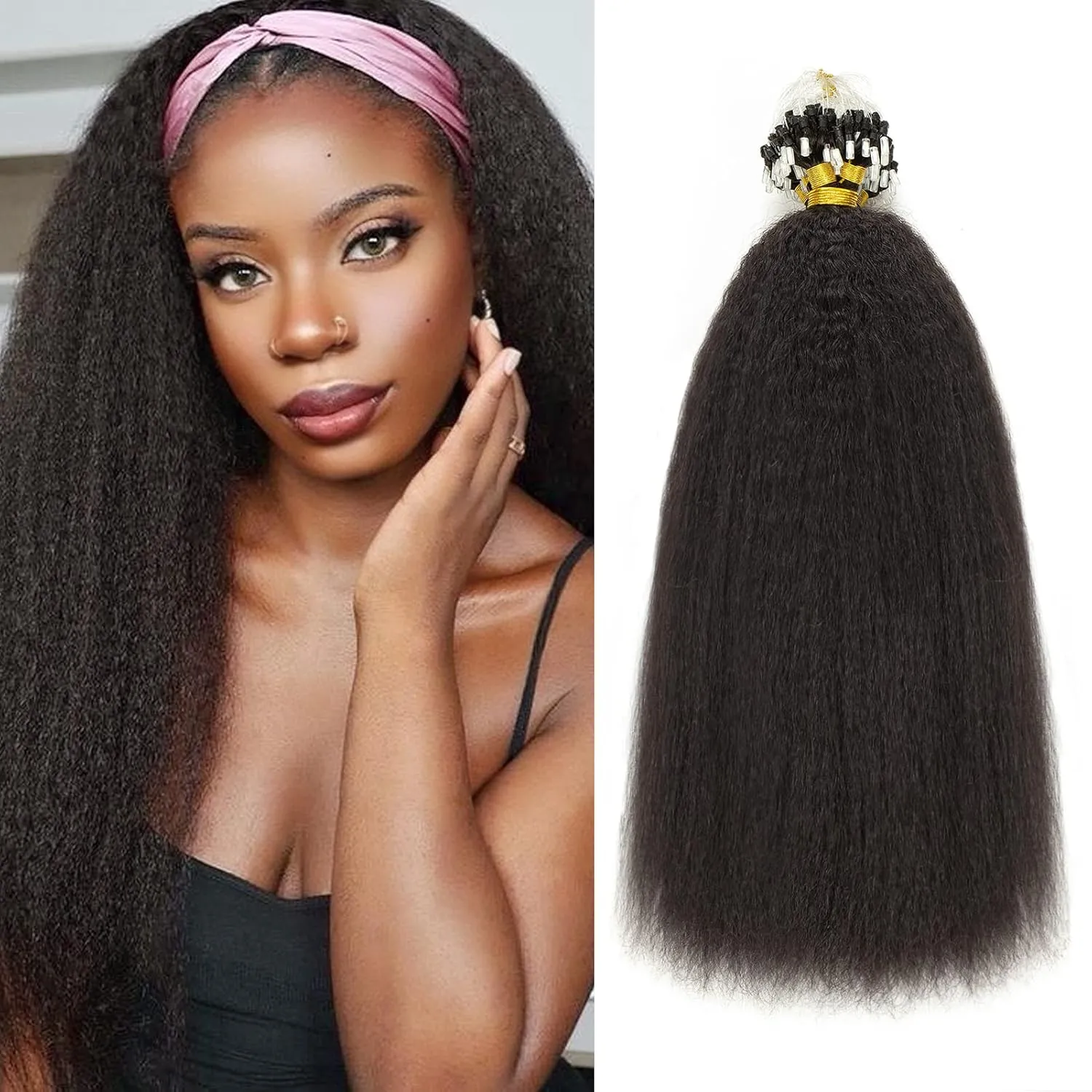 Micro Loop Hair Extensions Real Human Hair Kinky Straight Micro Rings Hair Coarse Straight Micro Links Human Hair for Black Women Invisible Natural Black Color 14inch 40 Grams 50 Stands