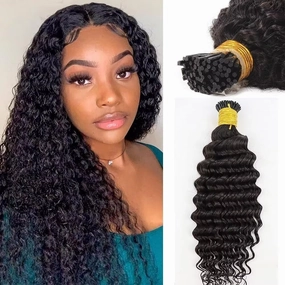 Microlink Curly I Tip Human Hair Extension Pre Bonded Deep Wave Brazilian Remy Hair Micro Beads Keratin Stick I Tip Hair Natural Black 100Strands 100g 14Inch