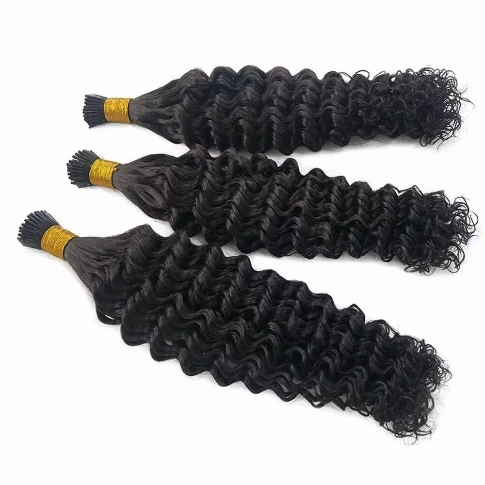 Microlink Curly I Tip Human Hair Extension Pre Bonded Deep Wave Brazilian Remy Hair Micro Beads Keratin Stick I Tip Hair Natural Black 100Strands 100g 14Inch