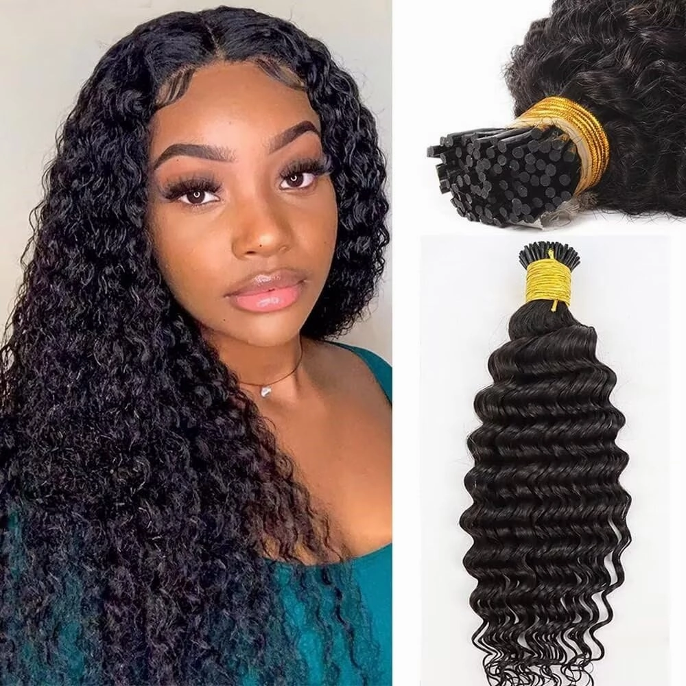 Microlink Curly I Tip Human Hair Extension Pre Bonded Deep Wave Brazilian Remy Hair Micro Beads Keratin Stick I Tip Hair Natural Black 100Strands 100g 14Inch