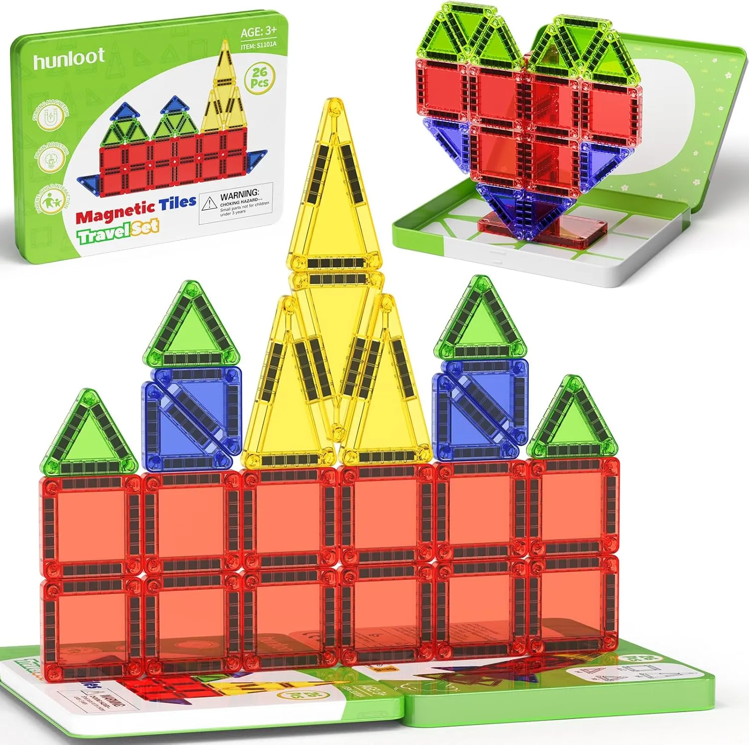 Mini Magnetic Tiles - 26PCS Travel Magnetic Building Set with Storage Iron Box，STEM Educational Toys for Kids Ages 3  ，Portable Construction Toys for Toddlers, Boys & Girls