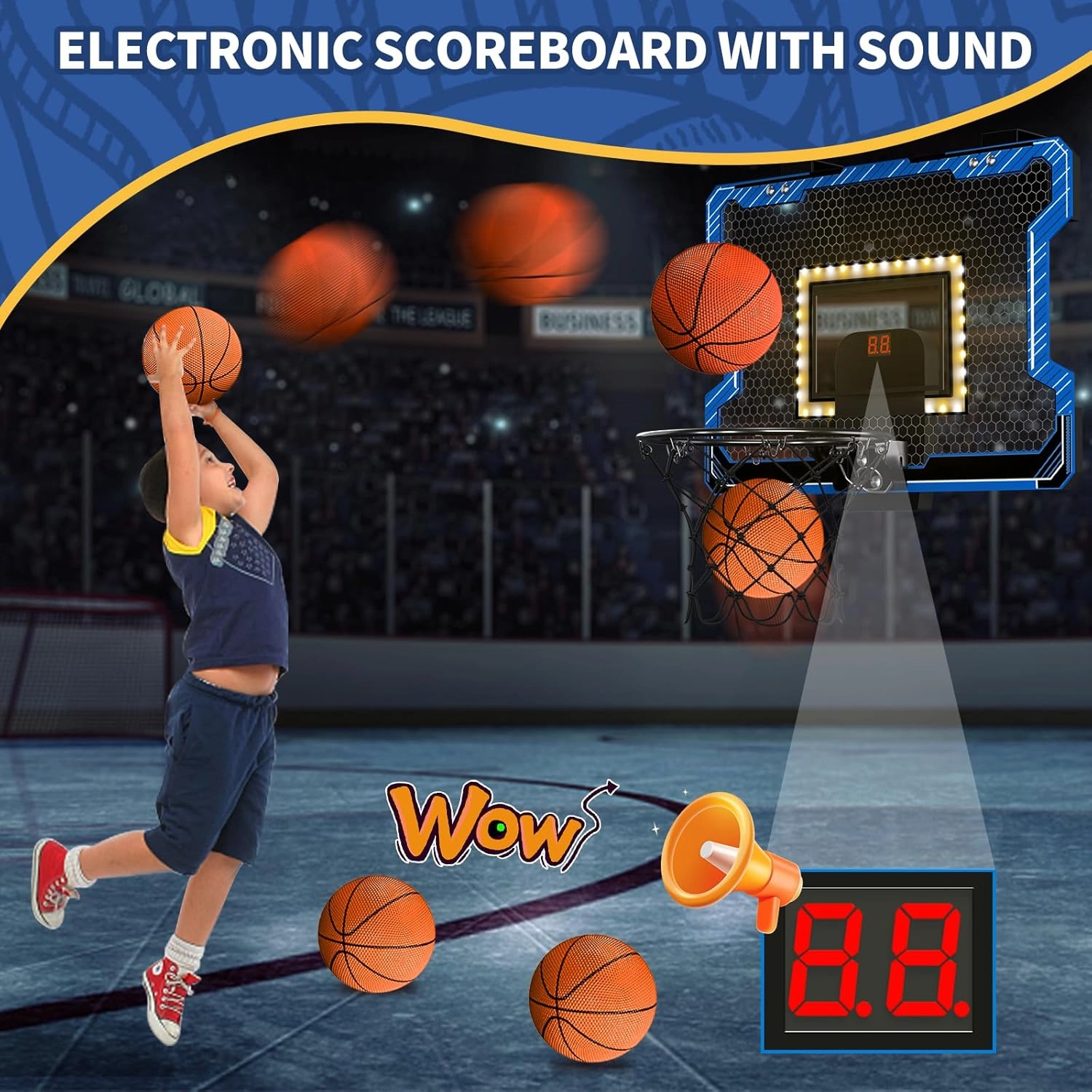 Mini Basketball Hoop Indoor with Scoreboard/LED Light, Glow in The Dark Door Basketball Hoop, Toy Gifts for Kids Boys Girls Teens Adults, Suit for Bedroom/Office/Outdoor/Pool, Blue