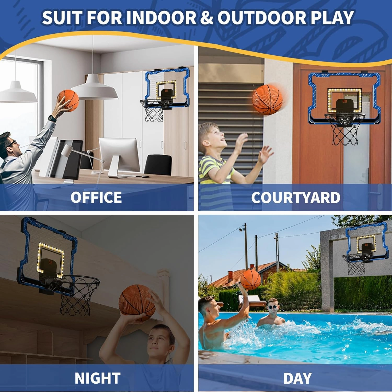 Mini Basketball Hoop Indoor with Scoreboard/LED Light, Glow in The Dark Door Basketball Hoop, Toy Gifts for Kids Boys Girls Teens Adults, Suit for Bedroom/Office/Outdoor/Pool, Blue