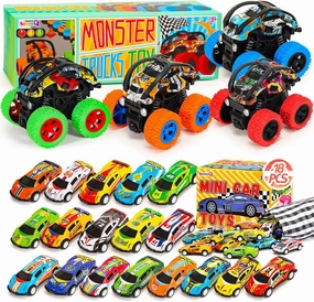 Mini Toy Cars 18 Pcs and Monster Truck Toys 4 Pcs, Pull Back Race Cars Party Favors Classroom Prizes Pinata Goodie Bag Stuffers Birthday Gifts