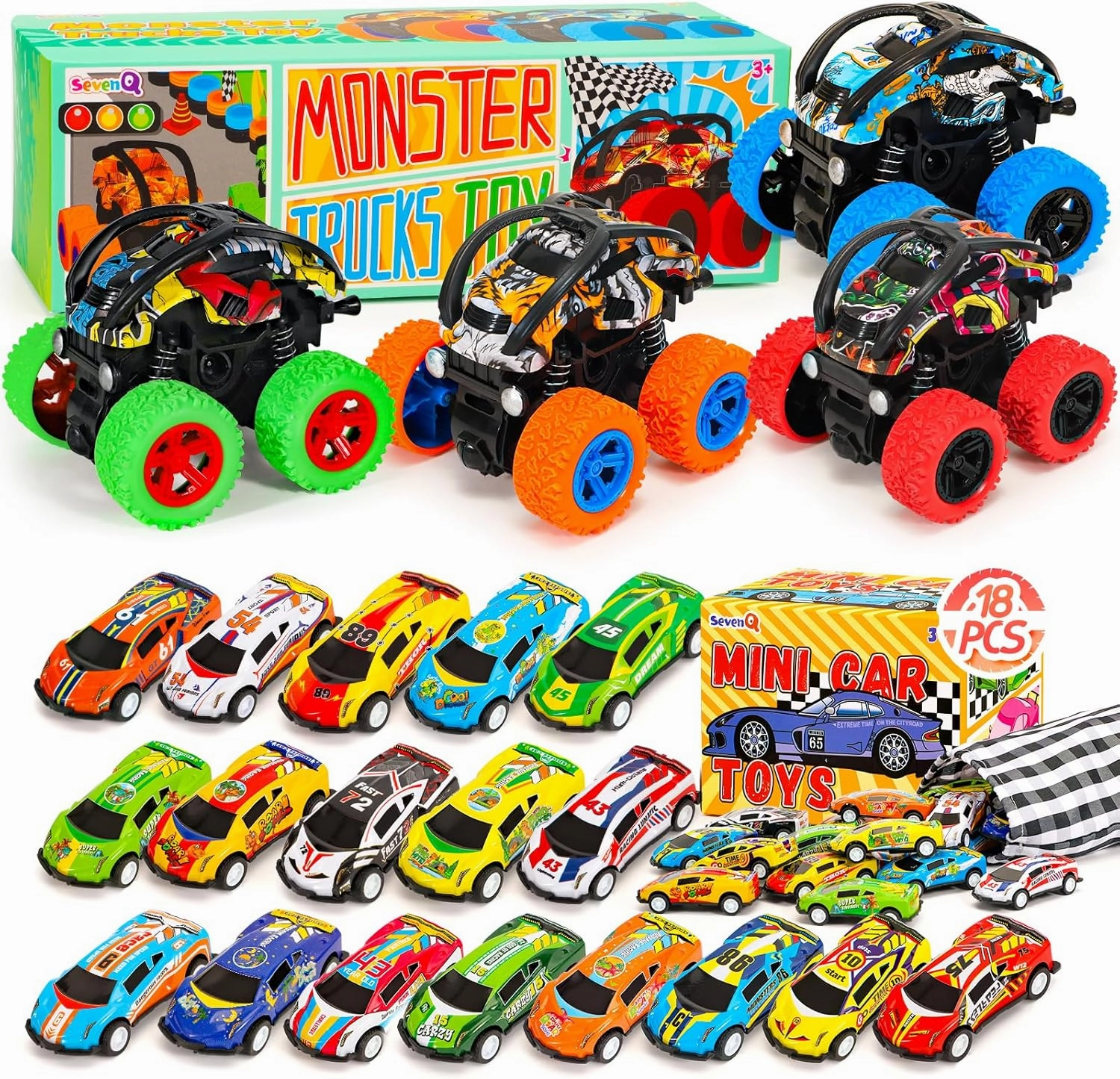 Mini Toy Cars 18 Pcs and Monster Truck Toys 4 Pcs, Pull Back Race Cars Party Favors Classroom Prizes Pinata Goodie Bag Stuffers Birthday Gifts