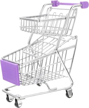 Miniature Shopping Cart Mini Metal Shopping Cart Mini Supermarket Handcart Double Layer Supermarket Shopping Cart Toy for Home Desktop Decor（Purple）