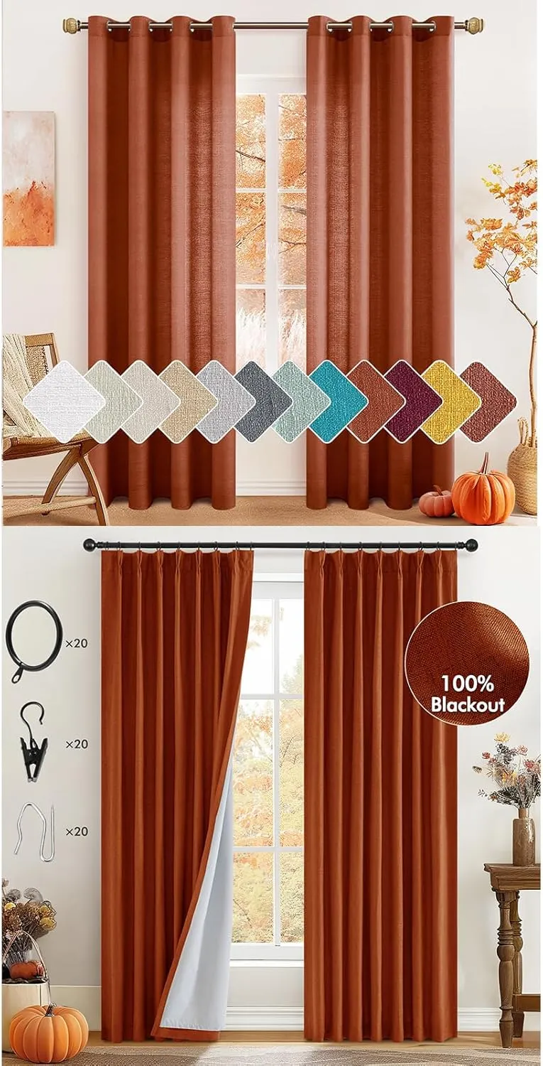 MIULEE Burnt Orange Faux Linen Semi Sheer Curtains 2 Panels for Living Room Bedroom Textured Light Filtering Privacy Window Curtains Bundle Pinch Pleated 100% Blackout Linen Fall Curtains 2 Panels