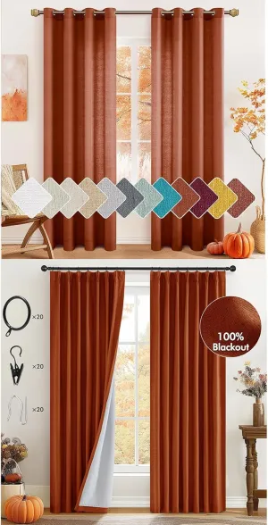 MIULEE Burnt Orange Faux Linen Semi Sheer Curtains 2 Panels for Living Room Bedroom Textured Light Filtering Privacy Window Curtains Bundle Pinch Pleated 100% Blackout Linen Fall Curtains 2 Panels