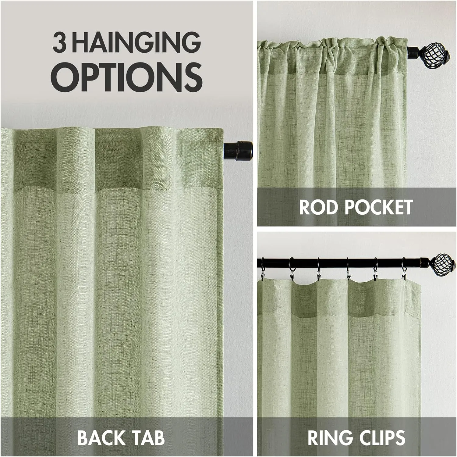 MIULEE Sage Green Linen Curtains 108 Inches Long for Bedroom Living Room, Soft Thick Linen Textured Window Drapes Semi Sheer Light Filtering Back Tab Rod Pocket Burlap Look, 2 Panels