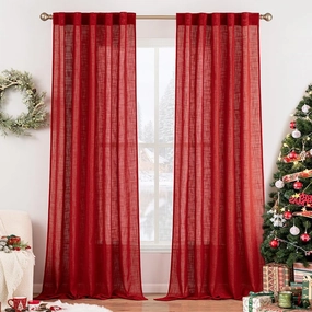 MIULEE Red Linen Curtains 108 Inches Long for Bedroom Living Room, Soft Thick Linen Textured Window Drapes Semi Sheer Light Filtering Back Tab Rod Pocket Burlap Look Christmas Decor, 2 Panels