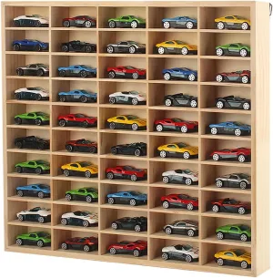 Model Car Display Case Wall Mount 1/64 Box Solid Wood DisplayStore Up to 50 Mini Cars or Figurine (Wooden Color)