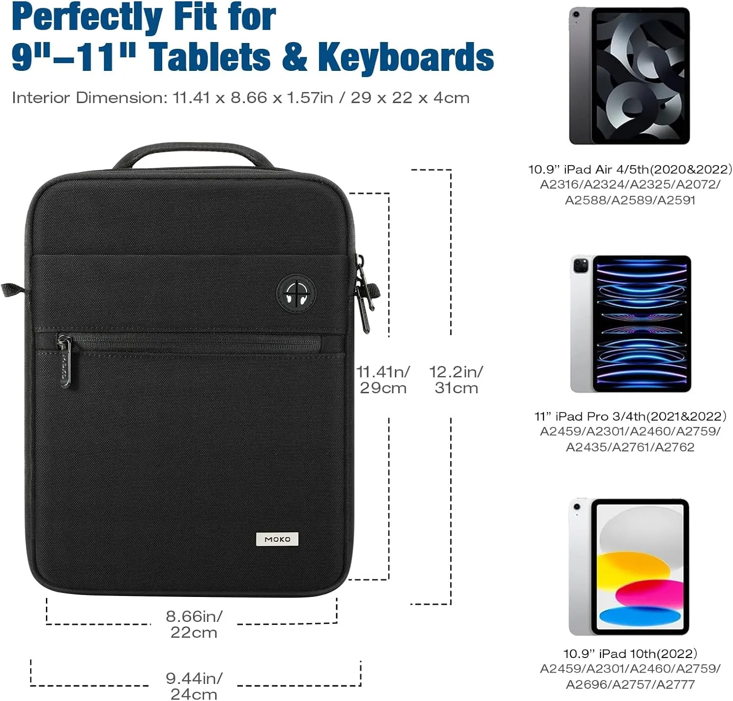 MoKo 9-11 Inch Tablet Bag, 360° Protective Carrying Case Fits iPad Air 5/4th 10.9, iPad Pro 11 inch, iPad 9/8/7th 10.2, iPad 10th Gen 10.9, with Multi-Pockets, Shoulder Strap & Earphone Port, Black