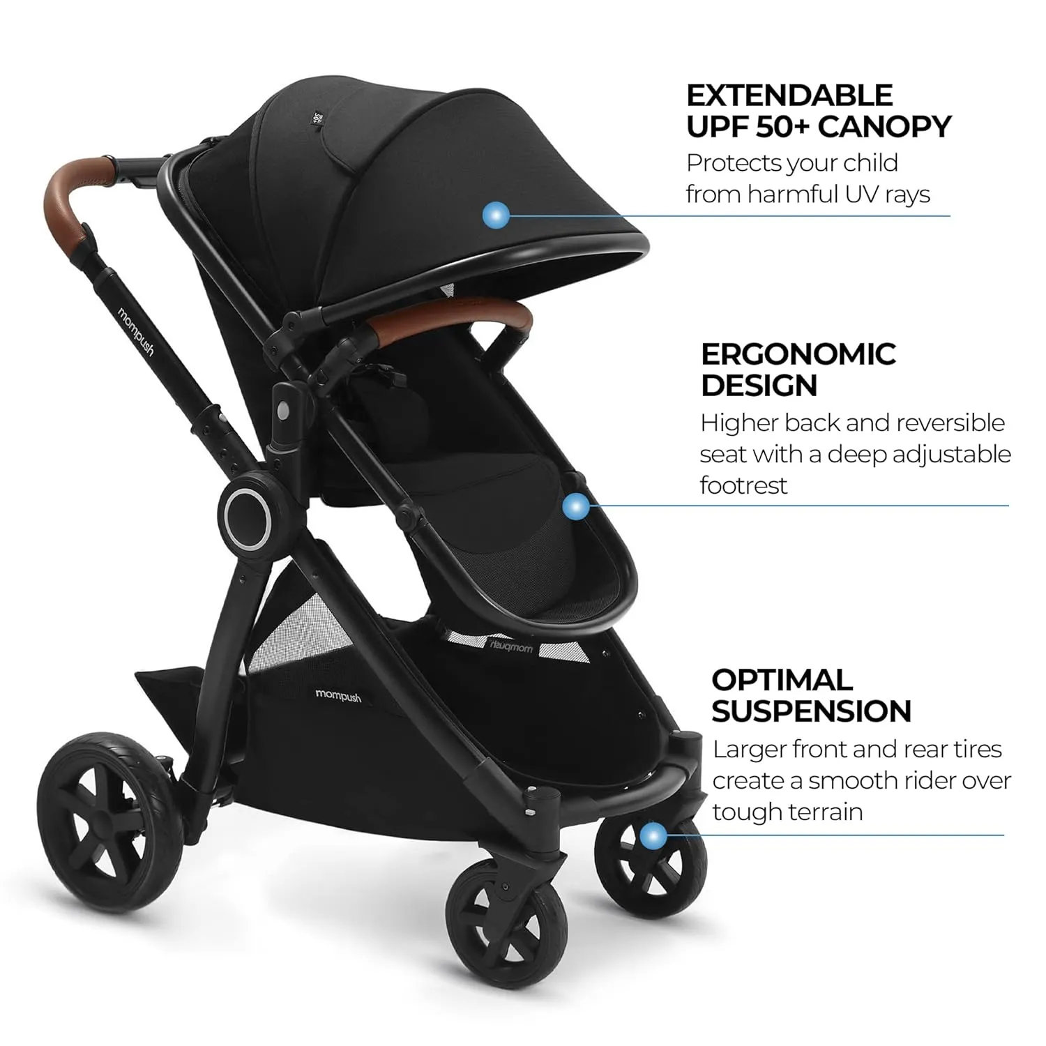Mompush Ultimate2 Baby Stroller, Premium Convertible Full-Size Stroller for Toddler, Reversible Seat with One Hand Recline Adjustment, Car Seat Adapter Included