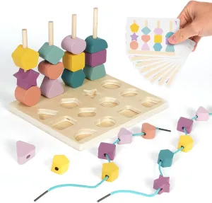 Montessori Toys for 2 Year Old 3D Shapes for Teaching Wooden Bead Sequencing Beads Stacking fine Motor Skills Toys STEM Preschool Learning Toy