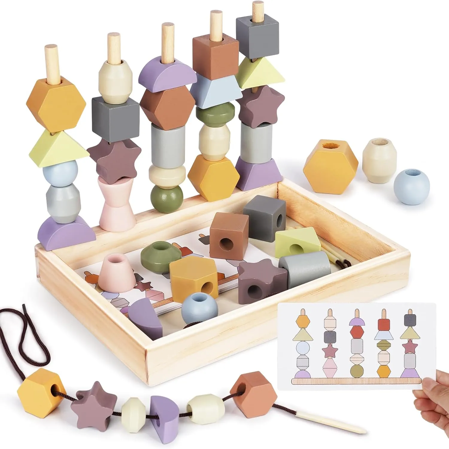 Montessori Toys for 3 Year Old - Wooden Lacing Beads & Stacking Blocks Toys for 3 4 5 Year Old Girl Boy Easter Birthday Gifts, Preschool Learning Activities With Beads Sequencing Set for Kids Age 3 