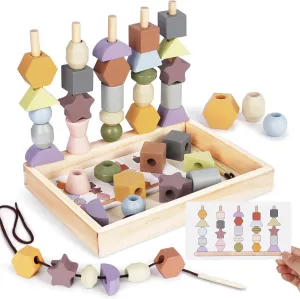 Montessori Toys for 3 Year Old - Wooden Lacing Beads & Stacking Blocks Toys for 3 4 5 Year Old Girl Boy Easter Birthday Gifts, Preschool Learning Activities With Beads Sequencing Set for Kids Age 3 