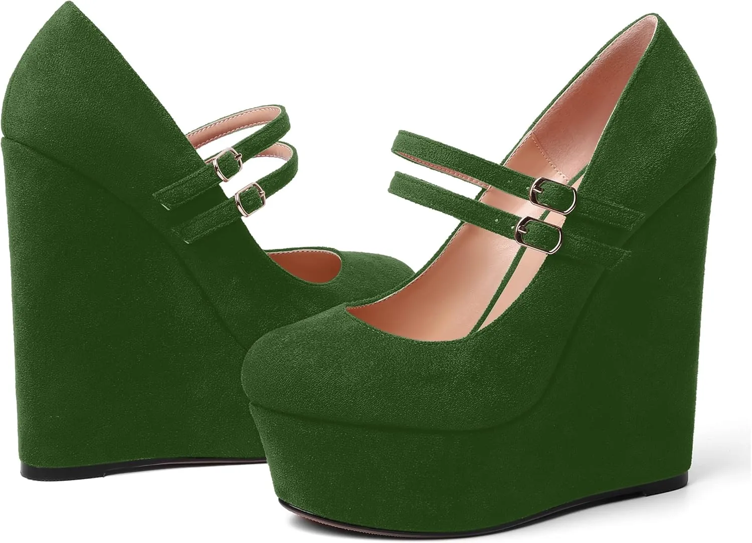 MOVINSTEPS Womens Suede Buckle Party Round Toe Adjustable Dual Straps Mary Jane Platform Dress Wedge High Heel Pumps Shoes 6 Inch