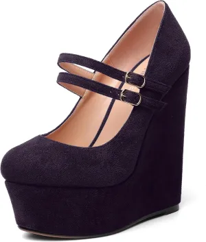 MOVINSTEPS Womens Suede Buckle Party Round Toe Adjustable Dual Straps Mary Jane Platform Dress Wedge High Heel Pumps Shoes 6 Inch