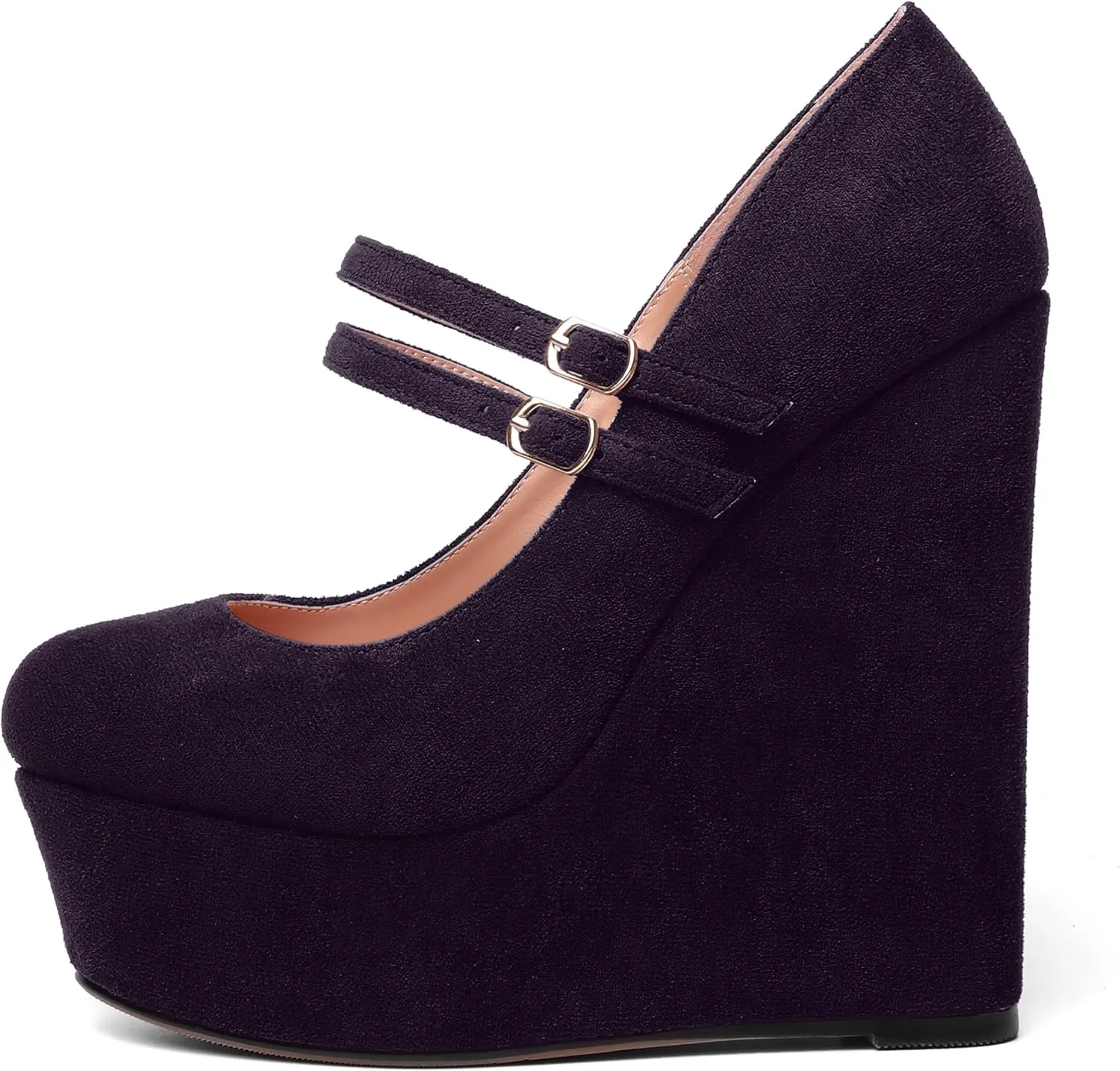 MOVINSTEPS Womens Suede Buckle Party Round Toe Adjustable Dual Straps Mary Jane Platform Dress Wedge High Heel Pumps Shoes 6 Inch