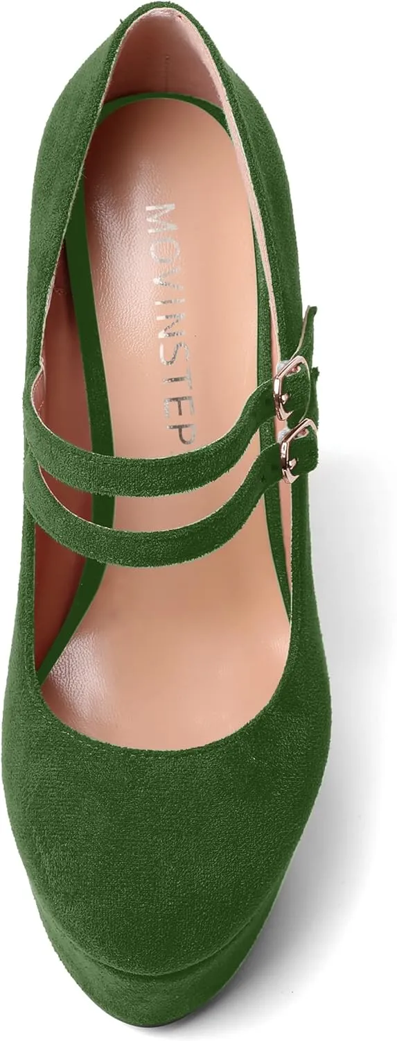 MOVINSTEPS Womens Suede Buckle Party Round Toe Adjustable Dual Straps Mary Jane Platform Dress Wedge High Heel Pumps Shoes 6 Inch