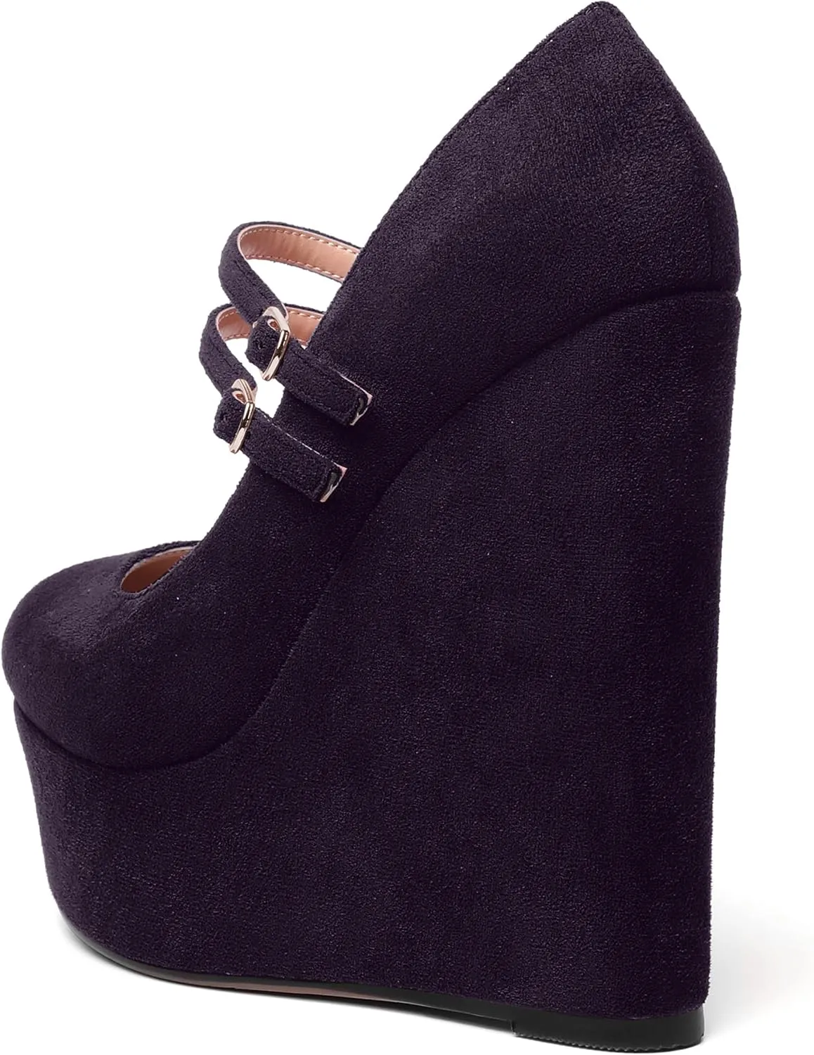 MOVINSTEPS Womens Suede Buckle Party Round Toe Adjustable Dual Straps Mary Jane Platform Dress Wedge High Heel Pumps Shoes 6 Inch