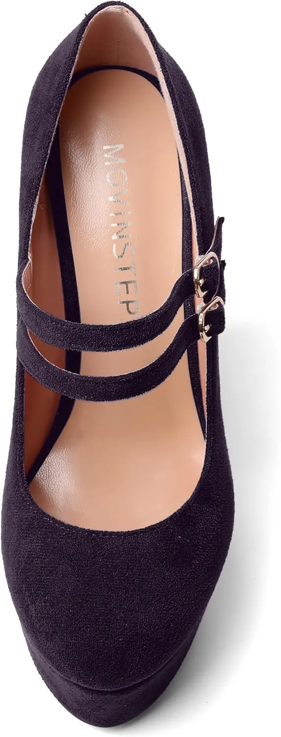 MOVINSTEPS Womens Suede Buckle Party Round Toe Adjustable Dual Straps Mary Jane Platform Dress Wedge High Heel Pumps Shoes 6 Inch