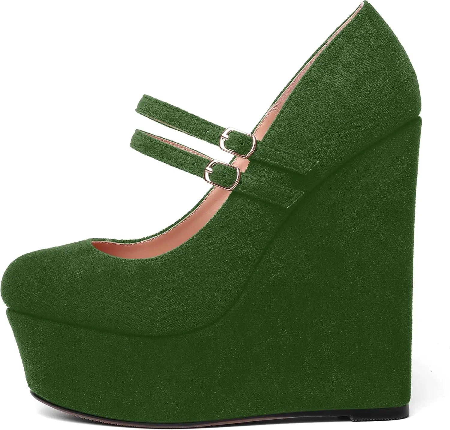 MOVINSTEPS Womens Suede Buckle Party Round Toe Adjustable Dual Straps Mary Jane Platform Dress Wedge High Heel Pumps Shoes 6 Inch