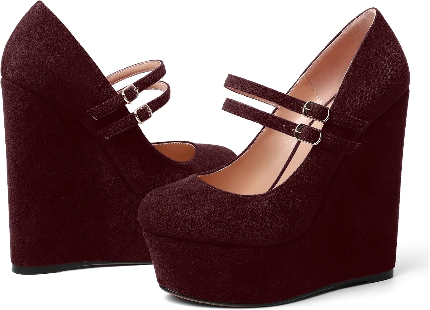 MOVINSTEPS Womens Suede Buckle Party Round Toe Adjustable Dual Straps Mary Jane Platform Dress Wedge High Heel Pumps Shoes 6 Inch
