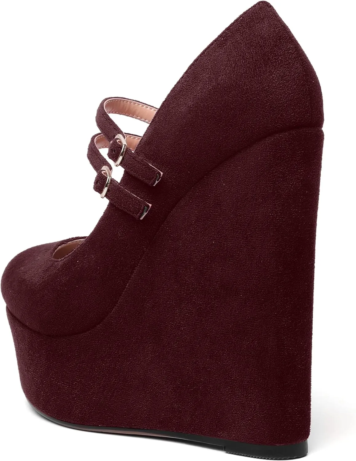 MOVINSTEPS Womens Suede Buckle Party Round Toe Adjustable Dual Straps Mary Jane Platform Dress Wedge High Heel Pumps Shoes 6 Inch