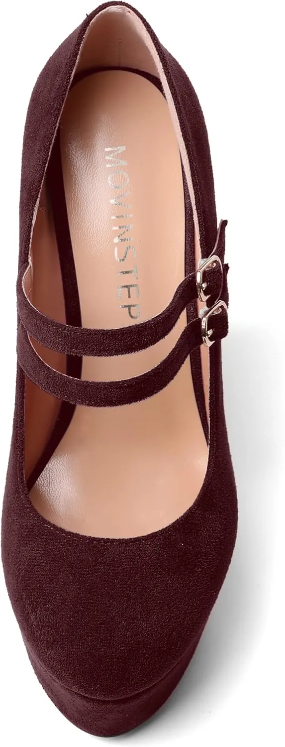 MOVINSTEPS Womens Suede Buckle Party Round Toe Adjustable Dual Straps Mary Jane Platform Dress Wedge High Heel Pumps Shoes 6 Inch