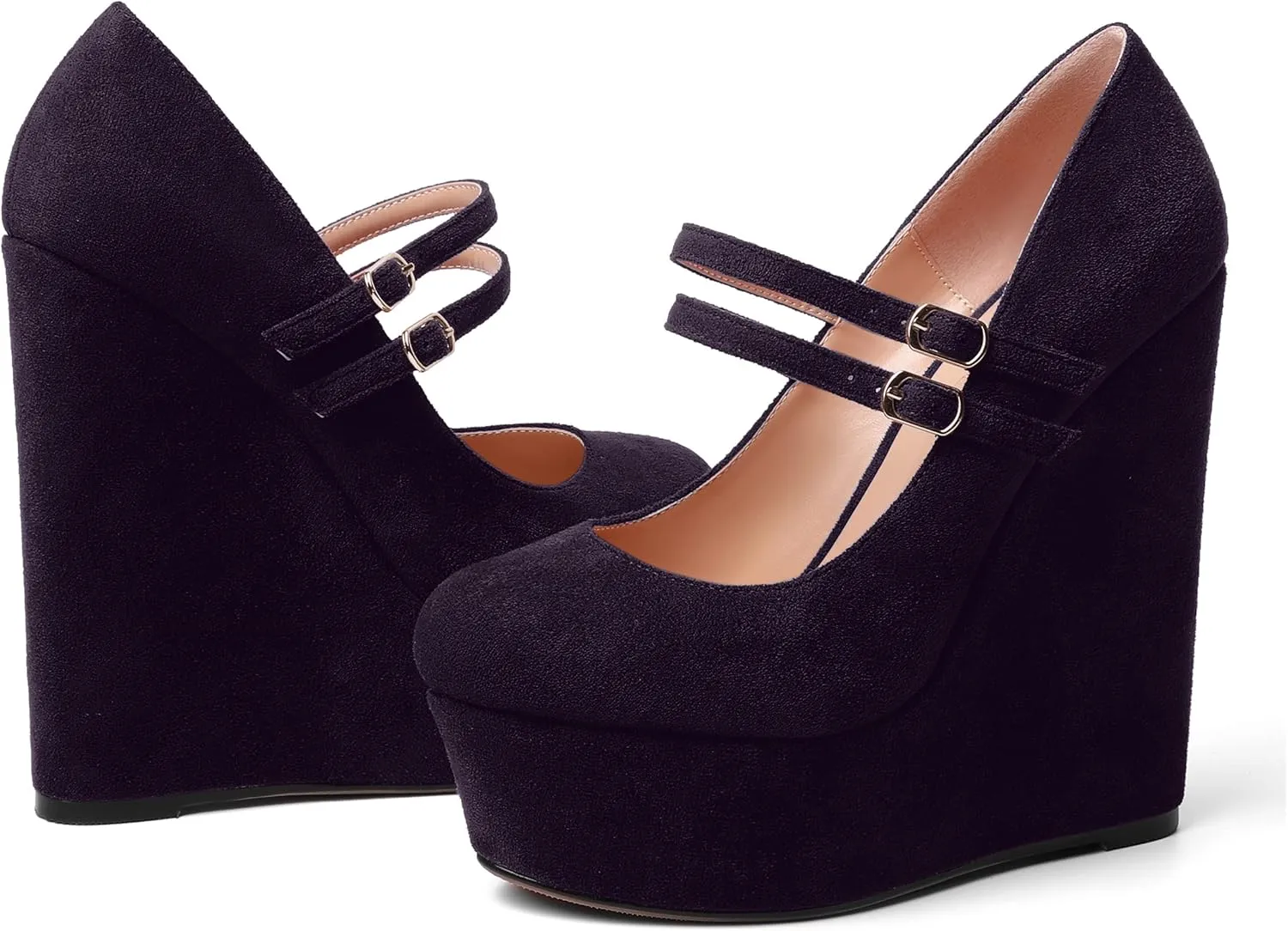 MOVINSTEPS Womens Suede Buckle Party Round Toe Adjustable Dual Straps Mary Jane Platform Dress Wedge High Heel Pumps Shoes 6 Inch