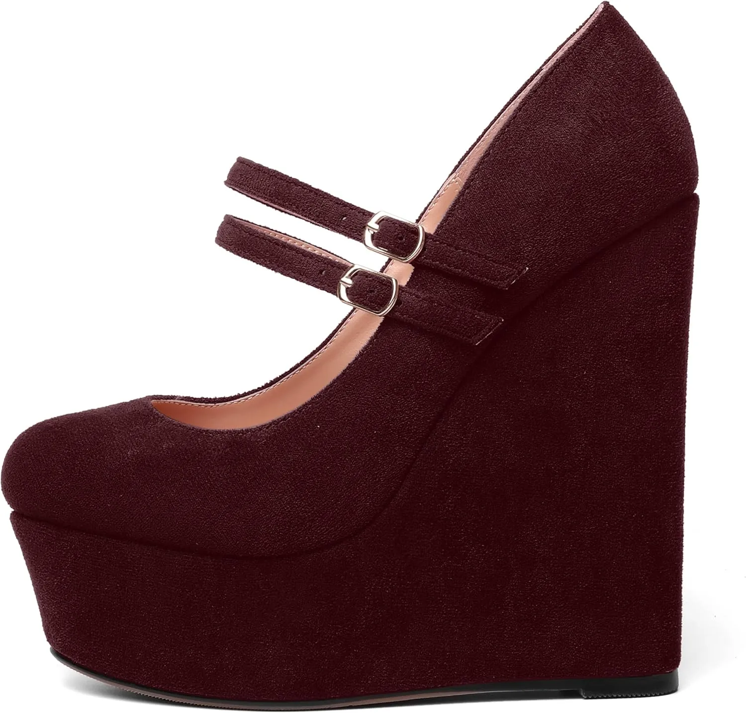 MOVINSTEPS Womens Suede Buckle Party Round Toe Adjustable Dual Straps Mary Jane Platform Dress Wedge High Heel Pumps Shoes 6 Inch