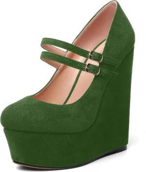 MOVINSTEPS Womens Suede Buckle Party Round Toe Adjustable Dual Straps Mary Jane Platform Dress Wedge High Heel Pumps Shoes 6 Inch