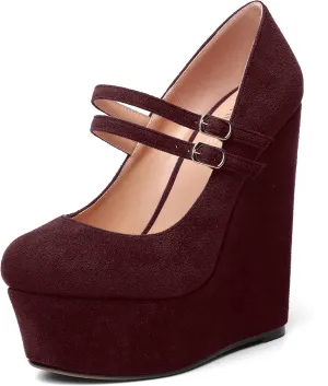 MOVINSTEPS Womens Suede Buckle Party Round Toe Adjustable Dual Straps Mary Jane Platform Dress Wedge High Heel Pumps Shoes 6 Inch