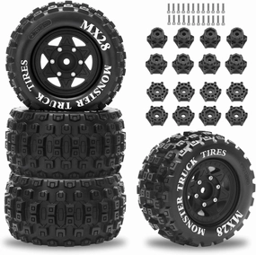 MX28 F/R 2.8" RC Car Tires with 12mm/14mm Hex Adapter RC Wheels and Tires Set 1/10 Scale RC Truck Tires for Arrma Big Rock Granite Traxxas Rustler Stampede VORTEKS 3S 4PCS (Style B) - Black