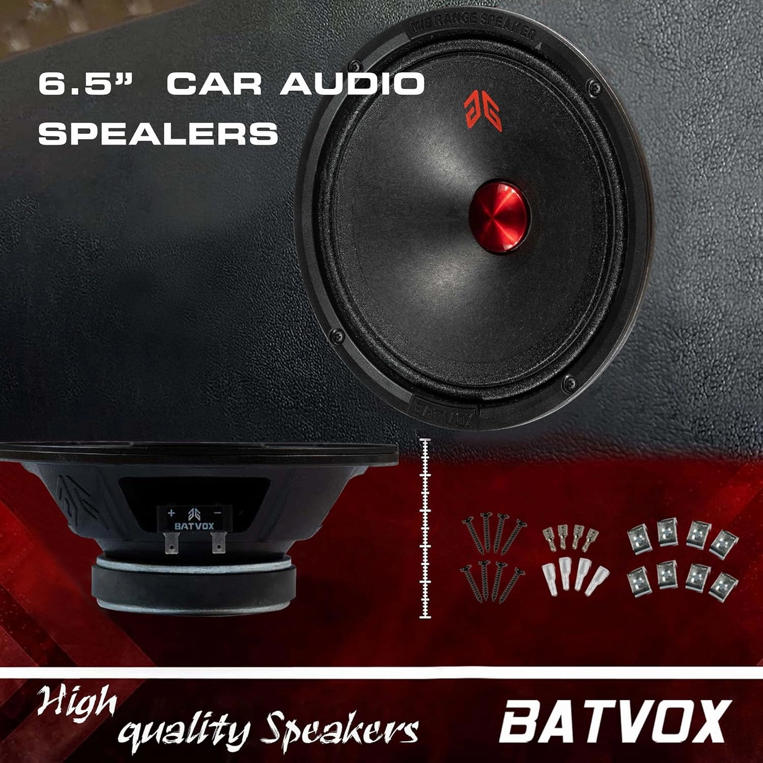 MX65P1 Midrange Loudspeaker 6.5" Red Dust Cap, 200W Max, 4 Ohms, Premium Quality Audio Door Speakers for Car or Truck Stereo Sound System, Black (2 Speaker)