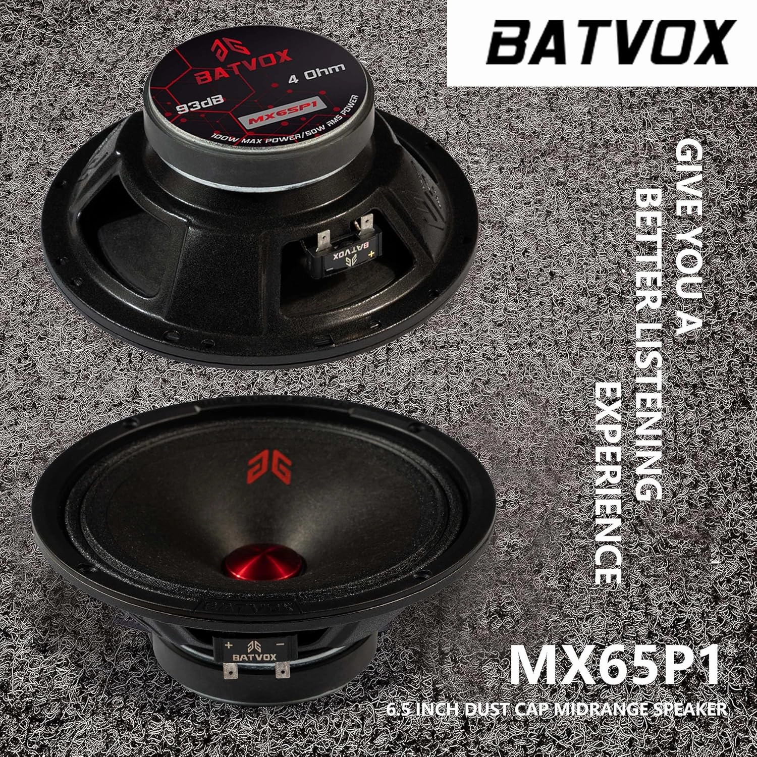 MX65P1 Midrange Loudspeaker 6.5" Red Dust Cap, 200W Max, 4 Ohms, Premium Quality Audio Door Speakers for Car or Truck Stereo Sound System, Black (2 Speaker)