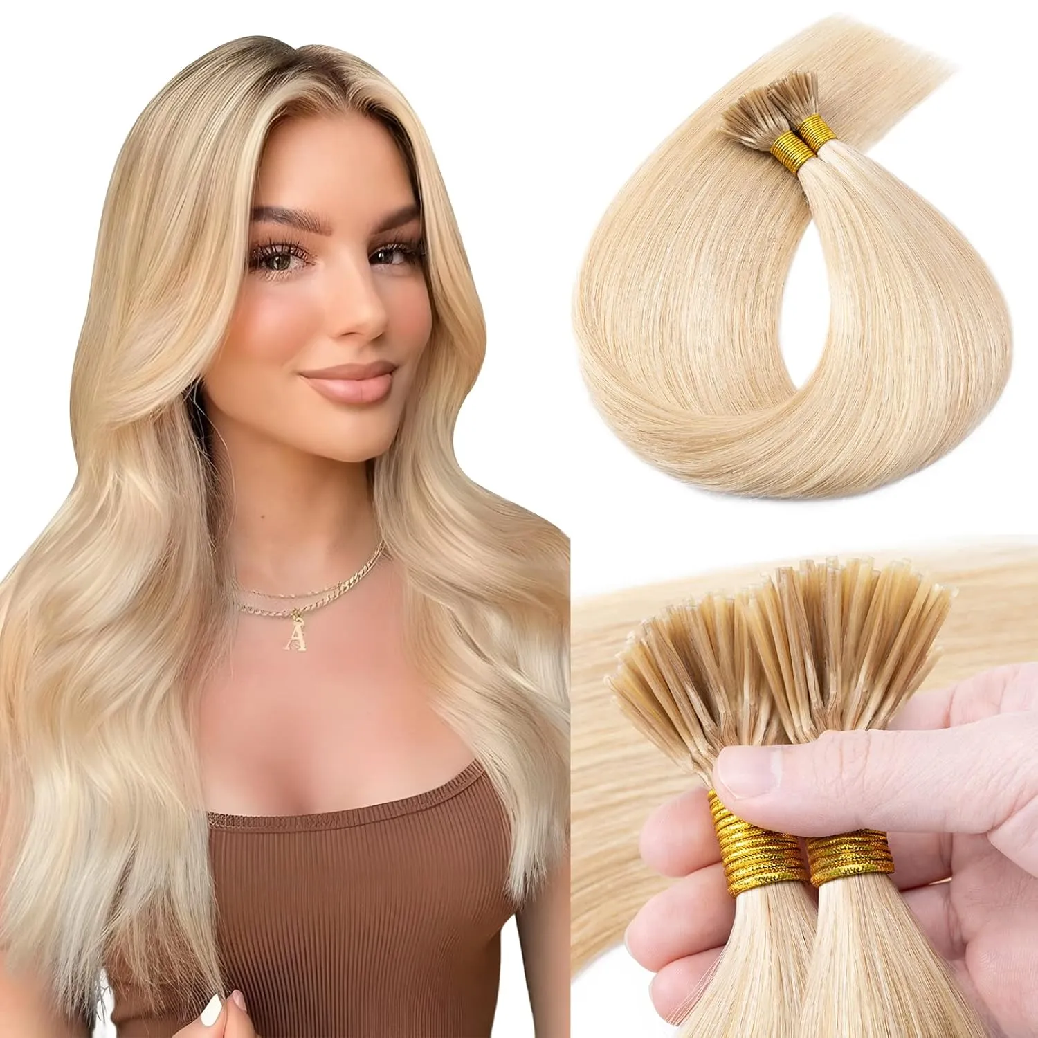 MY-LADY I Tip Hair Extensions Human Hair 100 Strands 16 Inch Ash Blonde mix Bleach Blonde Pre Bonded ITip Human Hair Extensions Cold Fusion Stick Tip Hair Extensions 50g