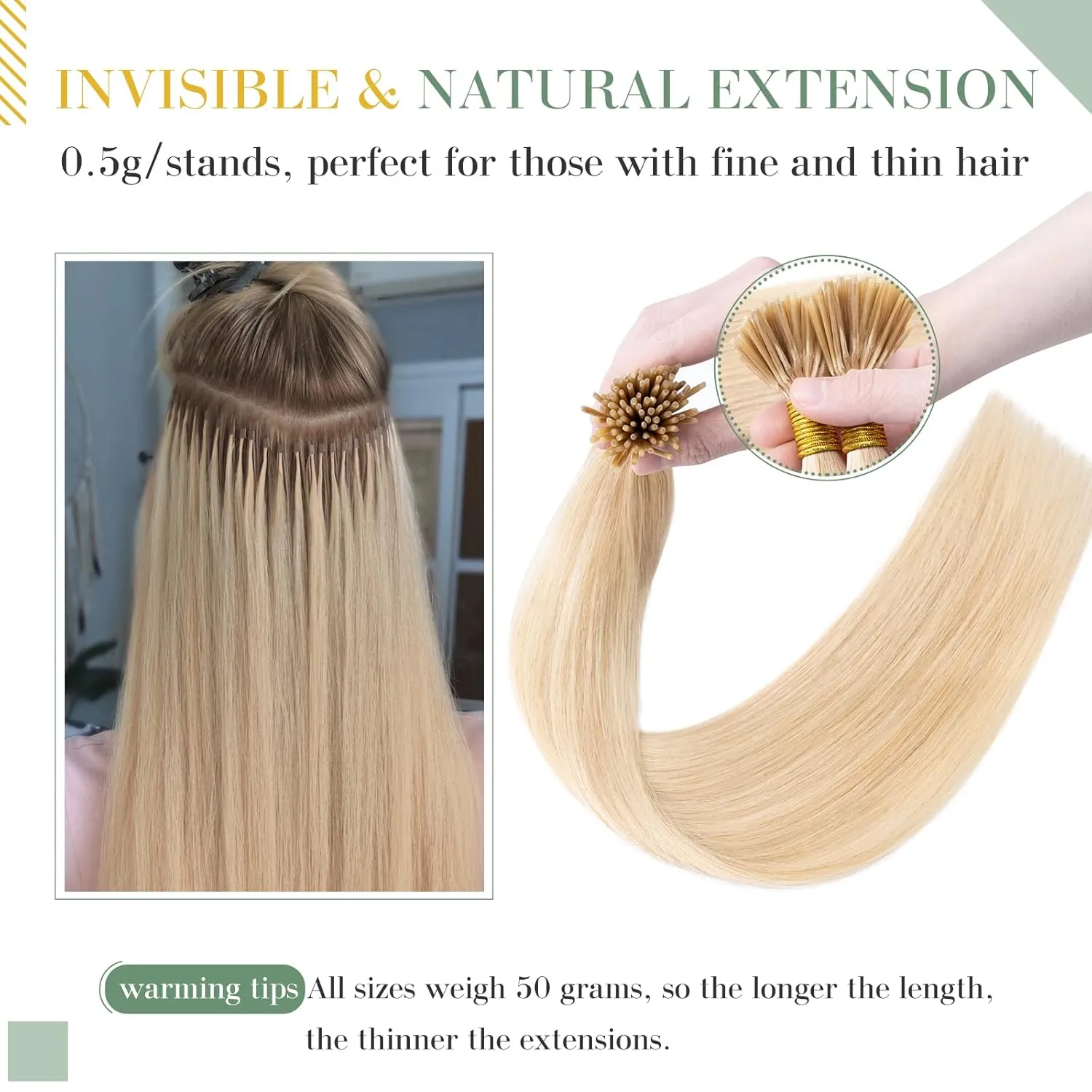 MY-LADY I Tip Hair Extensions Human Hair 100 Strands 16 Inch Ash Blonde mix Bleach Blonde Pre Bonded ITip Human Hair Extensions Cold Fusion Stick Tip Hair Extensions 50g