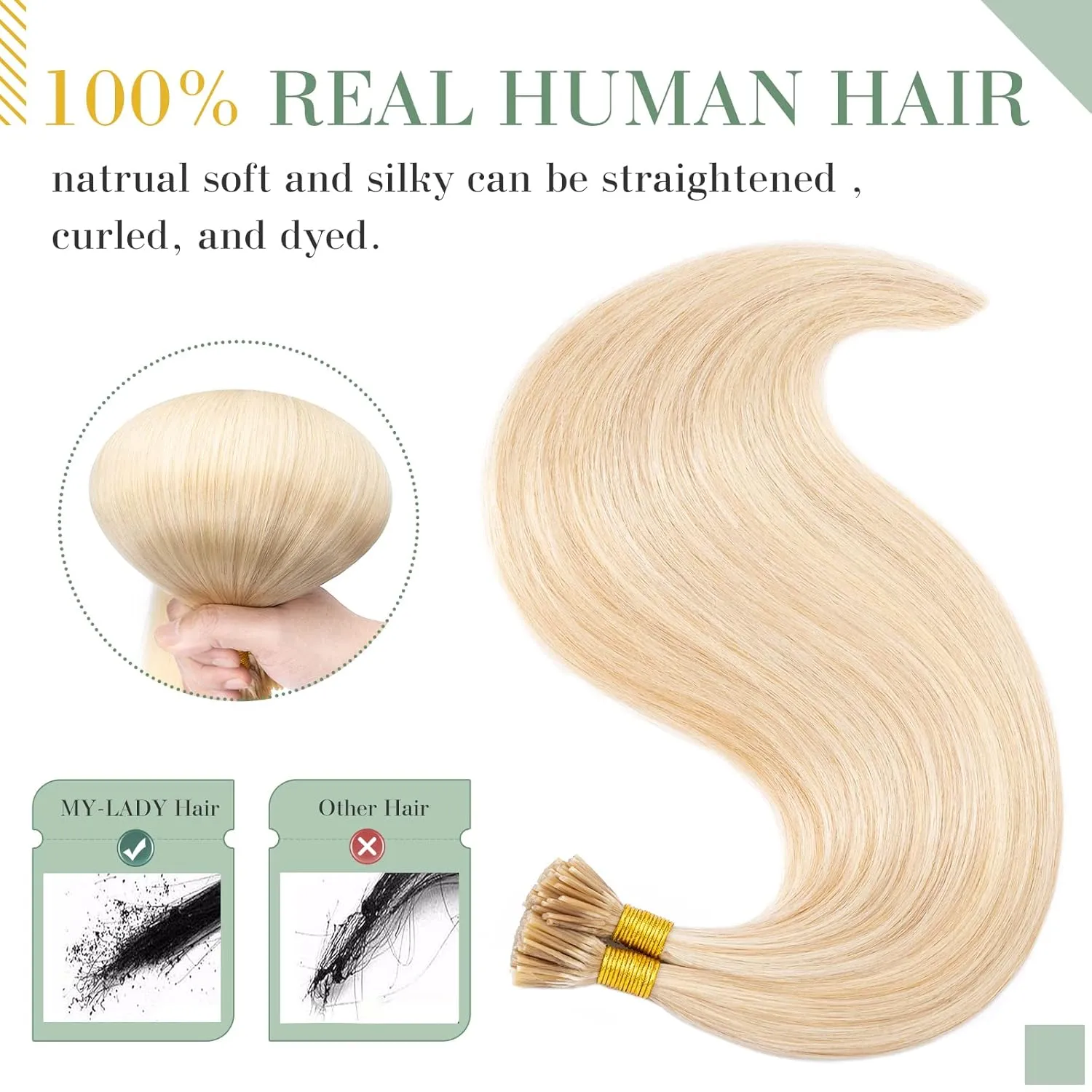 MY-LADY I Tip Hair Extensions Human Hair 100 Strands 16 Inch Ash Blonde mix Bleach Blonde Pre Bonded ITip Human Hair Extensions Cold Fusion Stick Tip Hair Extensions 50g