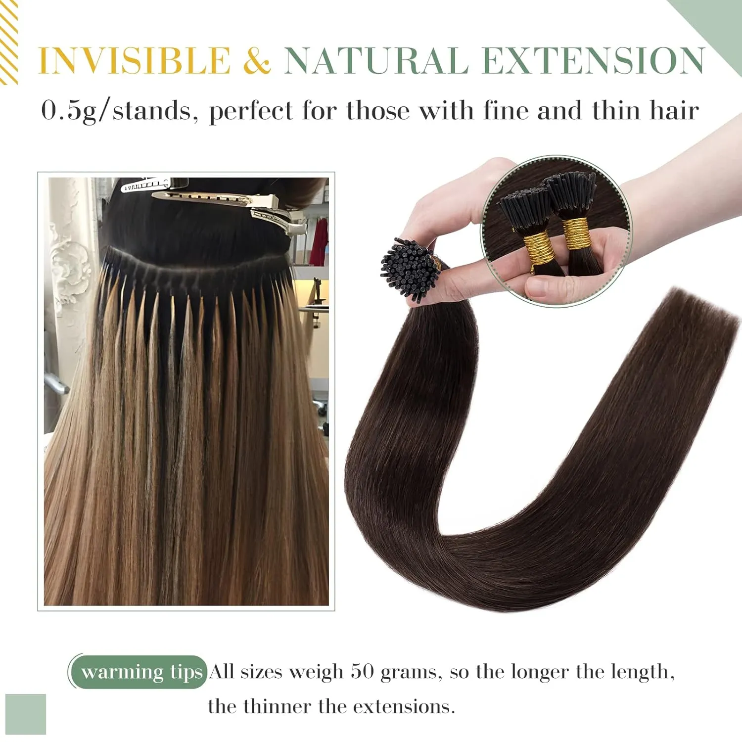 MY-LADY I Tip Hair Extensions Human Hair 100 Strands 16 Inch Dark Brown Pre Bonded ITip Human Hair Extensions Cold Fusion Stick Tip Hair Extensions 50g
