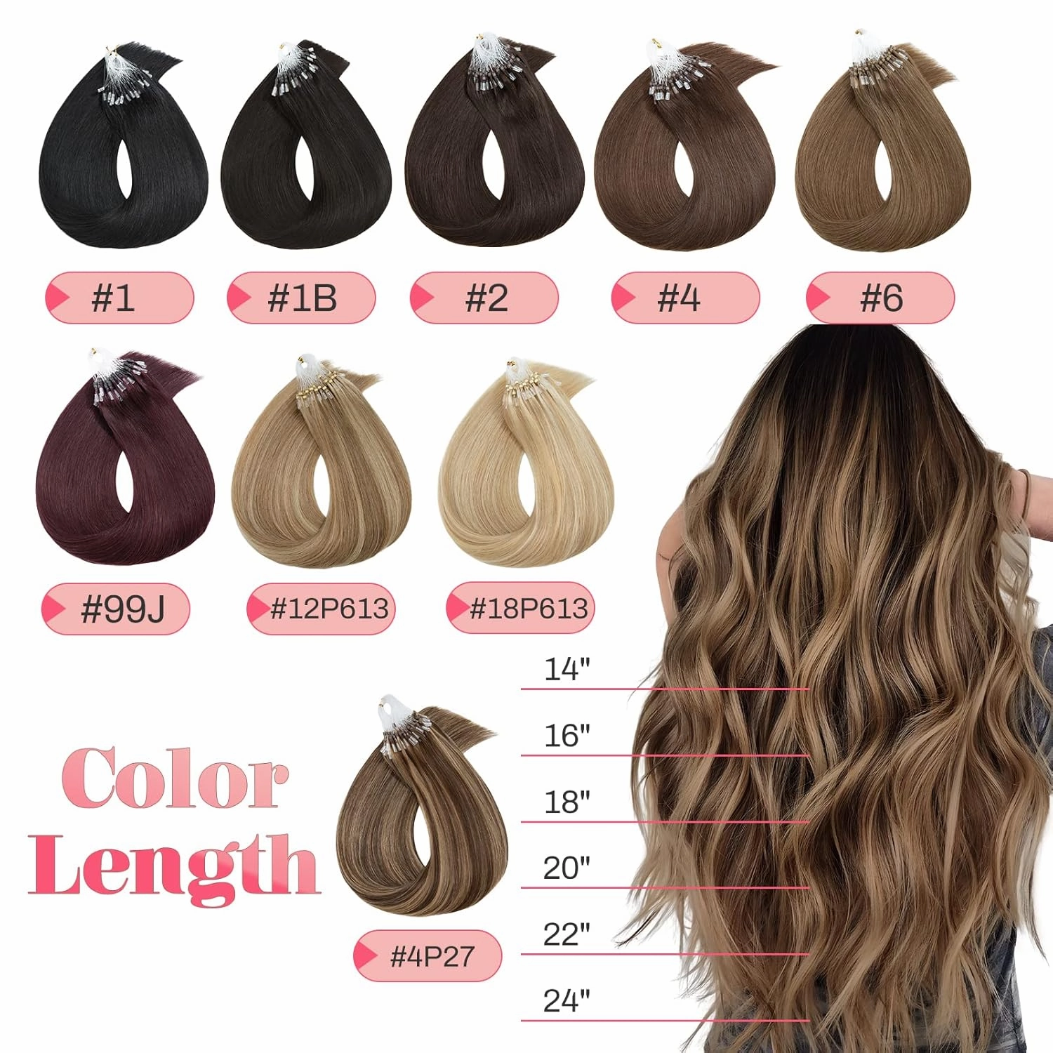 MY-LADY Microlink Hair Extensions Microbead Human Hair Extensions Light Brown 14 Inch Micro Loop Hair Extensions Real Human Hair Cold Fusion Extensions Micro Link #6
