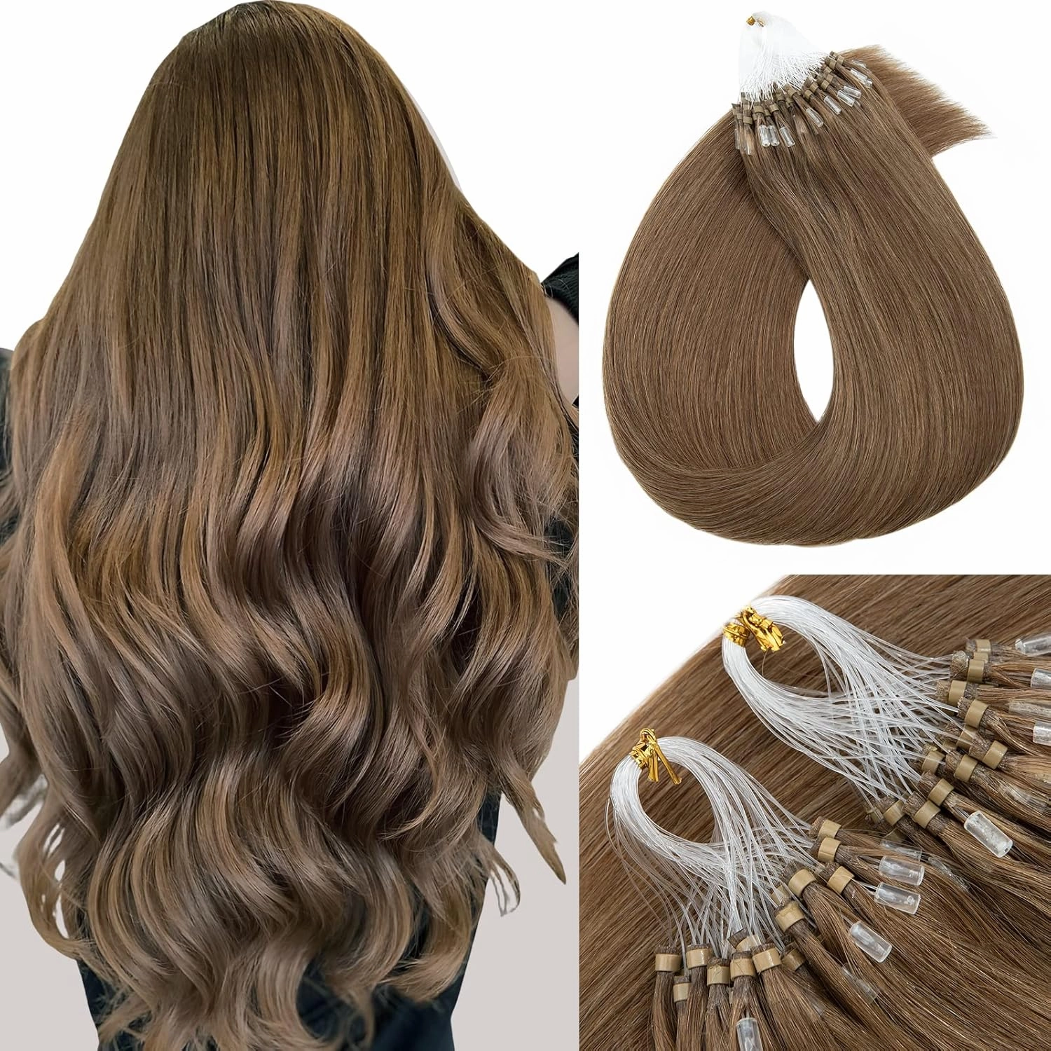 MY-LADY Microlink Hair Extensions Microbead Human Hair Extensions Light Brown 14 Inch Micro Loop Hair Extensions Real Human Hair Cold Fusion Extensions Micro Link #6