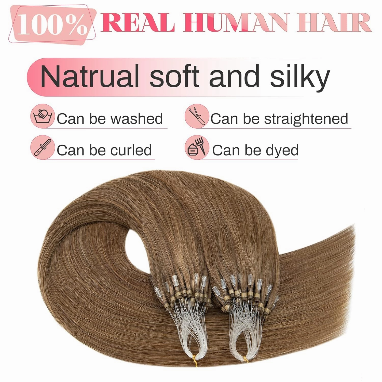 MY-LADY Microlink Hair Extensions Microbead Human Hair Extensions Light Brown 14 Inch Micro Loop Hair Extensions Real Human Hair Cold Fusion Extensions Micro Link #6