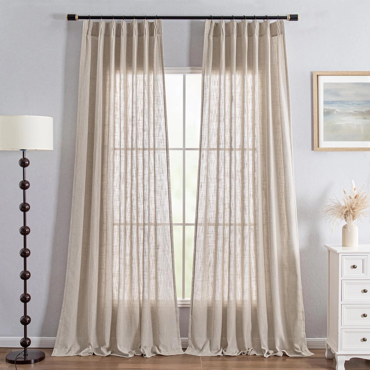 MYSKY HOME Curtains with Pinch Pleats for Living Room Windows, Semi Sheer Curtains 84 Inch Length for Bedroom Boho Linen Look Textured Fabric Soft Touch Light Filtering, 40" x 84", Taupe, 2 PCS